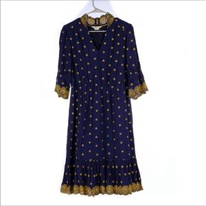 BODEN Broderie Dress Size 8R Navy BLUE with Yellow embroidery EXCELLENT uk 12